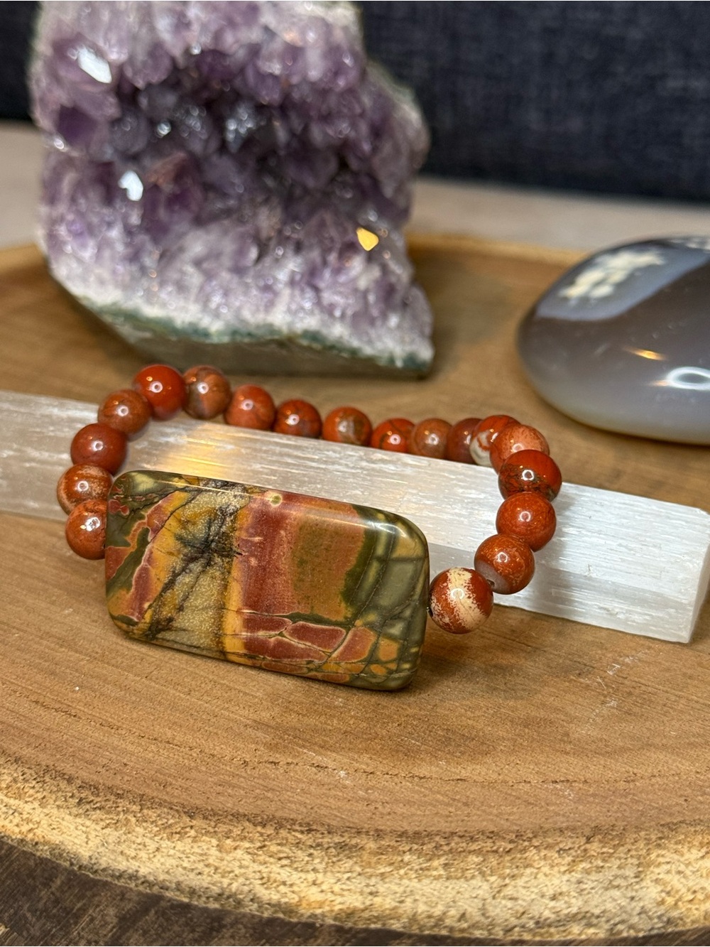 Handcrafted Red and Green Jasper Stretch Bracelet with rectangular jasper focal.